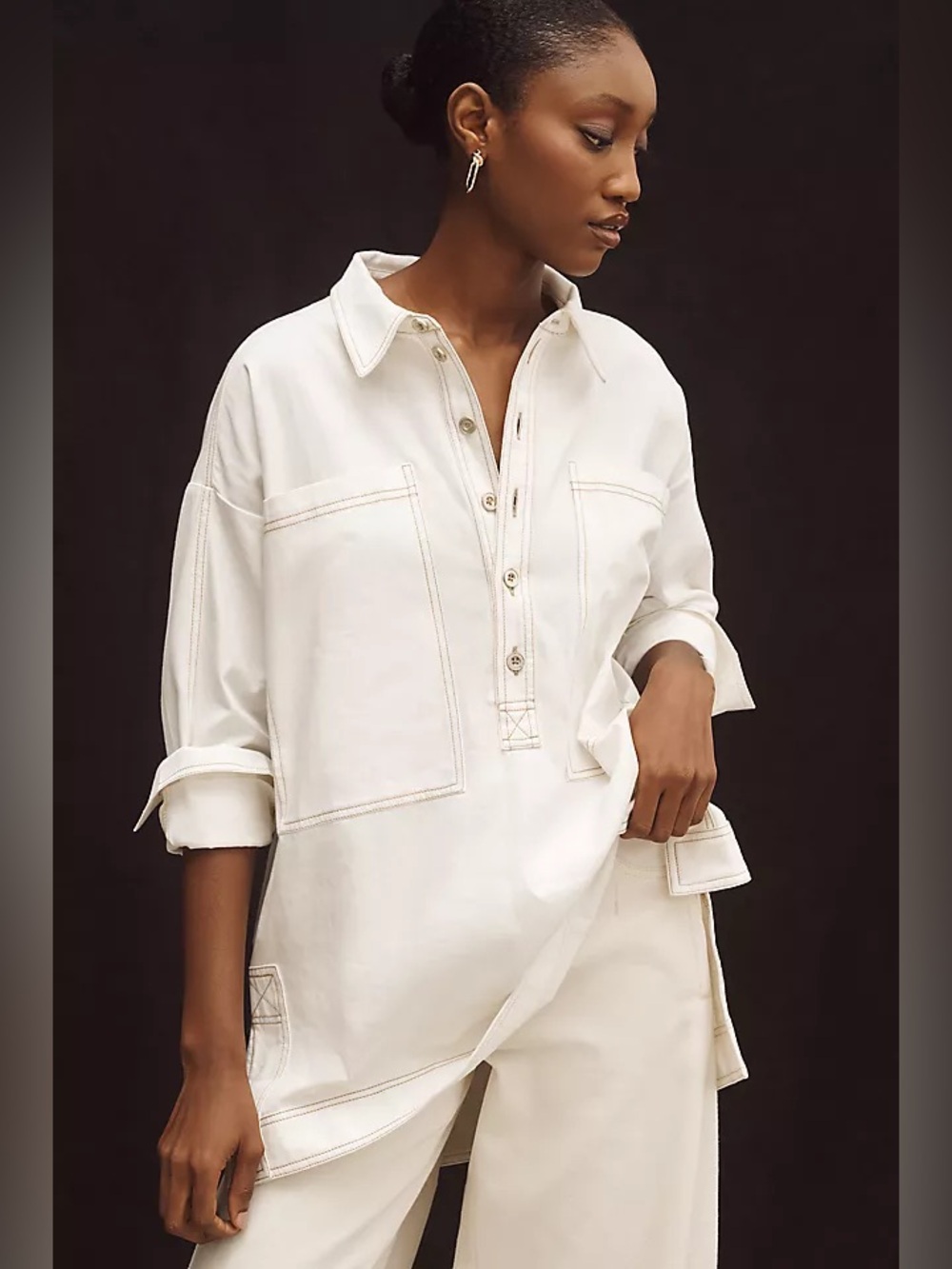 Anthropologie Pilcro Patch Pocket Collared Popover Blouse in White